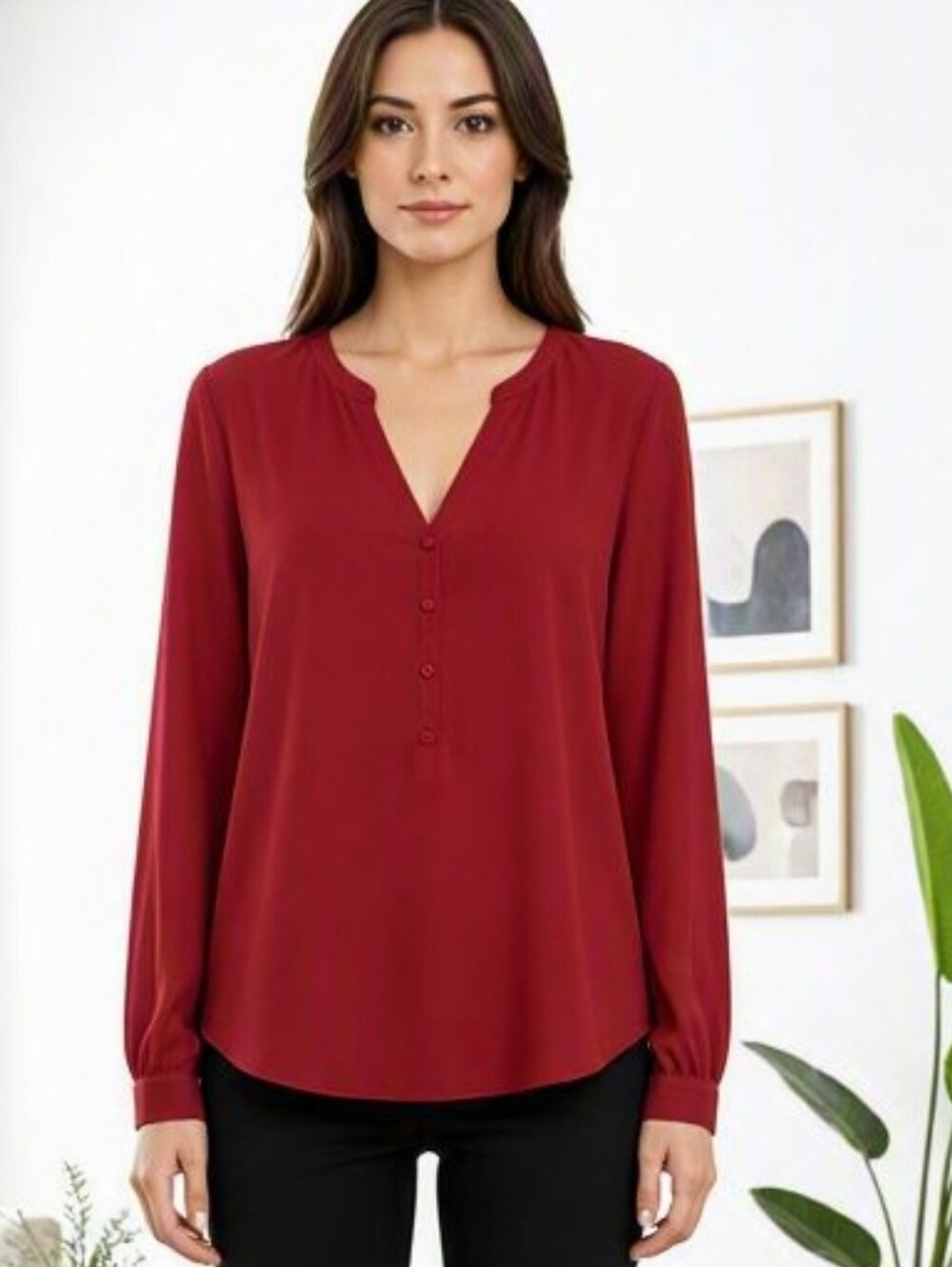 Semi Sheer Burgundy Maroon Collarless V-Neck Long Sleeve Blouse (fits as XL)